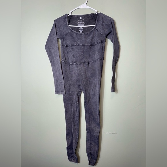 Free People Women’s Good Karma Corset Long Sleeve Onesie Blk Mineral Wash XS/S - Picture 1 of 5